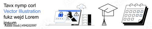 Cybersecurity systems, online education, planning, data protection, academic goals, secure networks. Lock on laptop, graduation cap calendar icons. Cybersecurity systems and online education