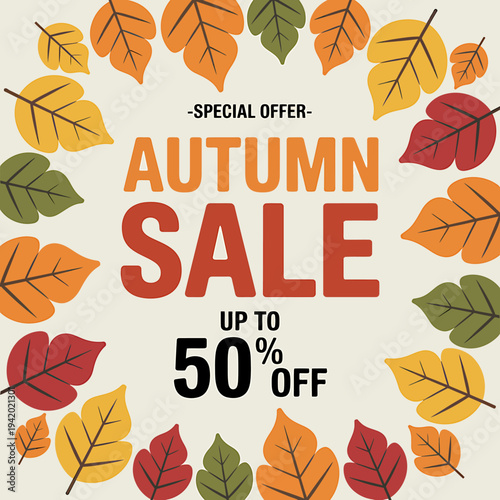Autumn sale special offer up to fifty percent off colorful leaf advertisement