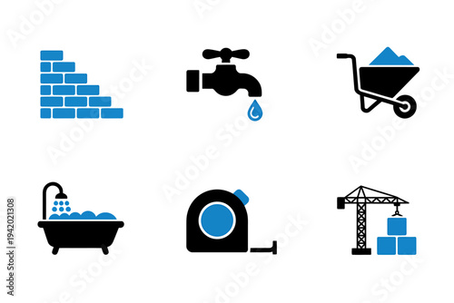 Construction icons with water elements on white background