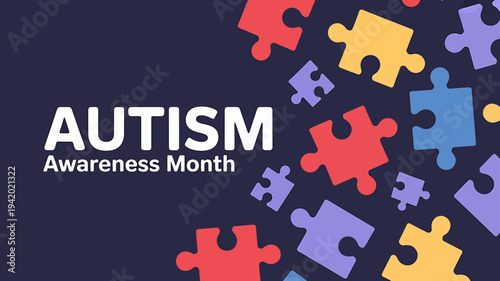 Autism awareness month colorful puzzle pieces on dark background