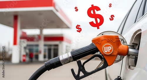 Gas pump nozzle inserted into car fuel tank at station with dollar signs floating