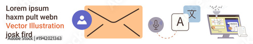 Digital communication, language translation, email services, online tools, global connectivity, technology usage. Envelope icon, translation bubble and computer screen. Communication and language