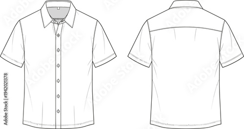 White short sleeve button down shirt front and back views clothing