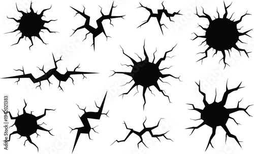 An extensive array of black ground cracks and surface impact effects showcased on a bright white canvas