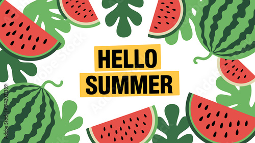 Hello summer concept with watermelon slices and leaves on white background