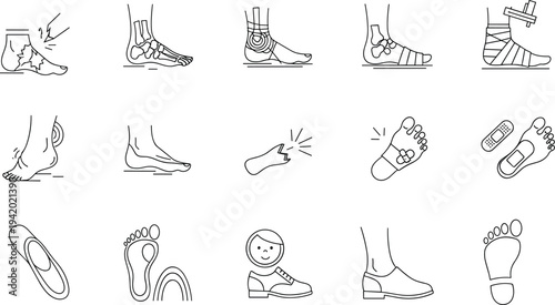 Foot injury treatment line icons set, ankle sprain fracture bandage podiatry orthotic insole footprint medical healthcare outline vector collection illustration