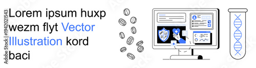 Cybersecurity, genetic research, data protection, virtual security, biometric systems, science innovation. Screen with shields, DNA helix coins. Cybersecurity and genetic research concept