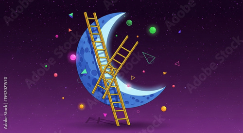Dreamy crescent moon with ladders reaching out to colorful stars silhouette on transparent background