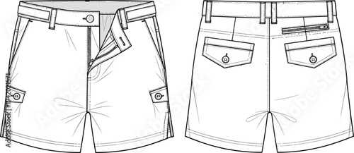 White shorts front and back view with belt and pockets front view