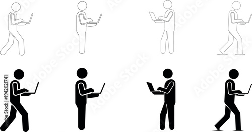 Laptop icon outline set people using computers walking and standing vector silhouette isolated on transparent background