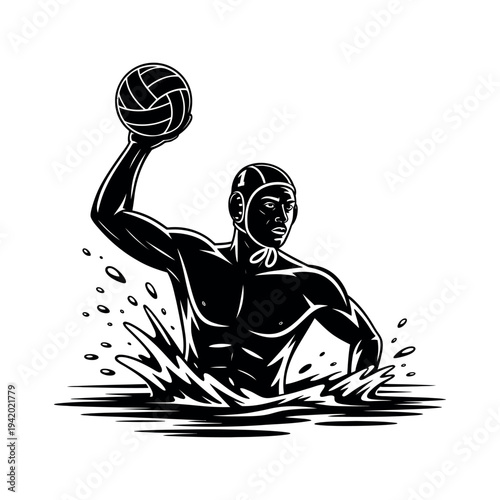 Silhouette of a water polo player in the water with a raised arm holding a ball for a shot