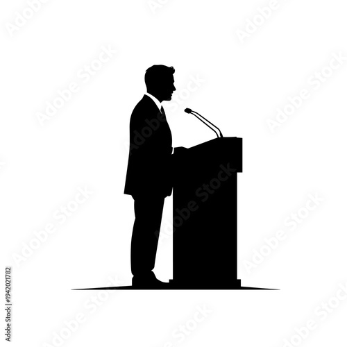 Businessman Speaking at Stage Vector Silhouette Isolated on White Background