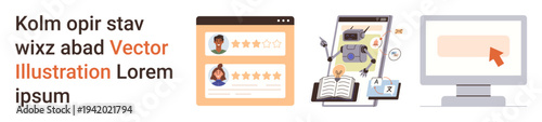 User feedback systems, AI technology, online interactions, modern web platforms, digital ratings, e-learning concepts. User reviews, AI monitoring computer interaction visuals. AI technology and web