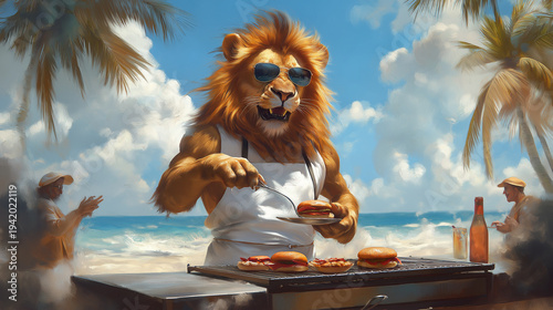 Cool lion grilling burgers on beach