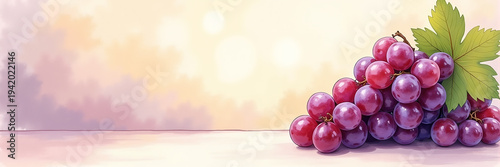 Ultra wide illustration of a pile of fresh grapes arranged on the right side with soft watercolor background and large copy space, ideal for healthy food ads, menus, and header banners