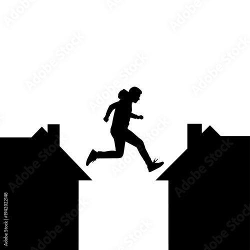 Person Jumping Across Rooftops Vector Silhouette Isolated on White Background