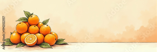 Ultra wide illustration of a pile of fresh oranges arranged on the right side with soft watercolor background and large copy space, ideal for healthy food ads, menus, and header banners