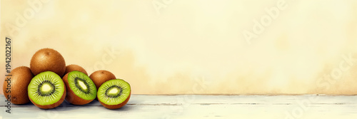 Ultra wide illustration of a pile of fresh kiwis arranged on the right side with soft watercolor background and large copy space, ideal for healthy food ads, menus, and header banners