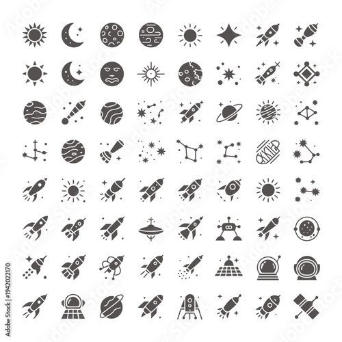 Space Exploration and Astronomy Icons Set - Planet, Rocket, Star, Galaxy