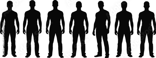 Male, body, silhouettes, standing, human, figure, anatomy, men, front, pose, people, template, body, shape, isolated, vector, fitness, person, silhouette, set