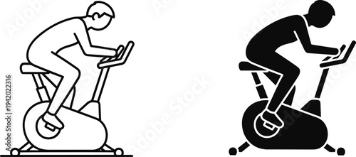 man, riding, stationary, exercise, bike, fitness, workout, cycling, silhouette, icon, indoor, training, gym, cardio, healthy, lifestyle, sport, vector, illustration, isolated