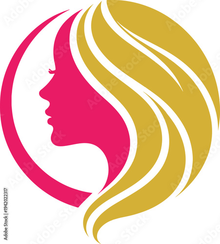 Elegant female face silhouette logo with flowing hair inside circle shape. Perfect for beauty salon, spa, cosmetics, skincare brands, makeup artists and fashion businesses.
