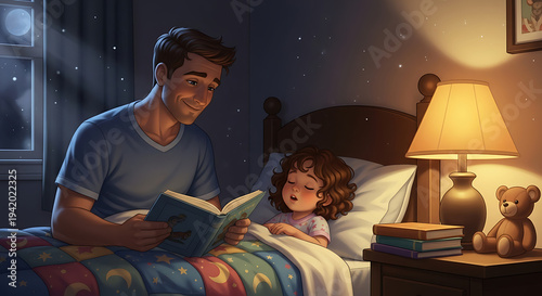 Father Reading Bedtime Story: A loving father reads a bedtime story to his daughter in a cozy bedroom, illuminated by a warm bedside lamp, creating a magical moment before sleep.