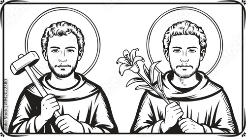 Black and white illustrations depict two male saints, one holding a hammer and the other a lily