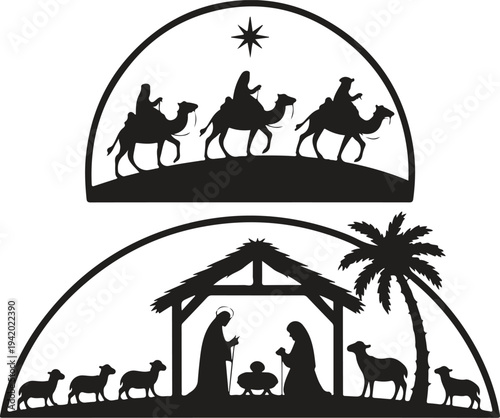 Black silhouettes depict a traditional Christmas nativity scene with wise men and shepherds near the manger