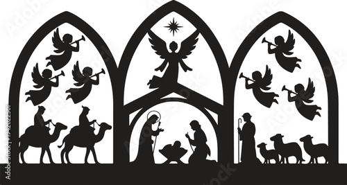 Intricate framed Nativity scene silhouette with angels, wise men, and shepherds adoring baby Jesus