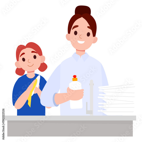 Mother and daughter washing dishes together