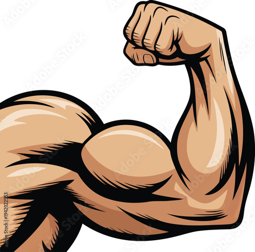 An incredibly muscular male arm with a prominent bicep flexing to demonstrate immense power