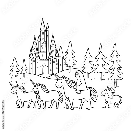 Woman Riding Unicorn in Front of Medieval Castle