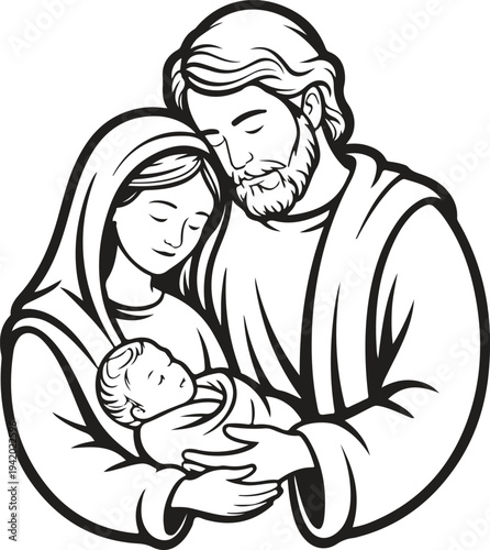 Loving parents Mary and Joseph gently hold their newborn baby Jesus Christ with tender devotion