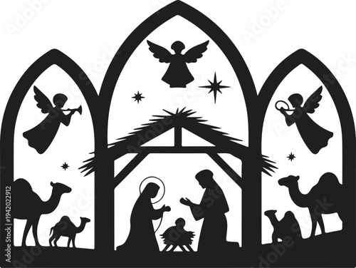 A black silhouette outlines the Christmas nativity scene under arched windows with angels and camels