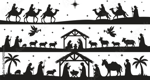 A collection of black silhouettes depicting multiple nativity scenes, including angels, camels, and shepherds