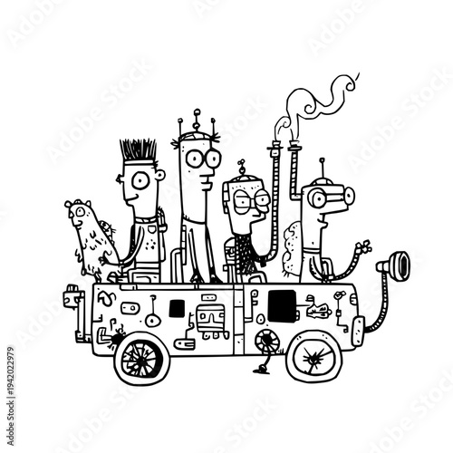 Steampunk Robots Riding in Decorative Vehicle