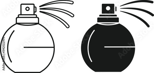 Perfume spray bottle icon set, fragrance atomizer cosmetic scent outline and solid beauty product vector illustration