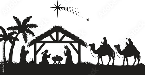 A striking black silhouette of the nativity scene with Mary, Joseph, baby Jesus, and the Magi