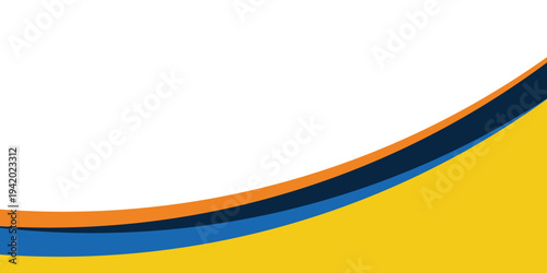 Clean abstract background featuring a dynamic flowing wave composed of orange, navy blue, and light blue layers against a solid white backdrop.