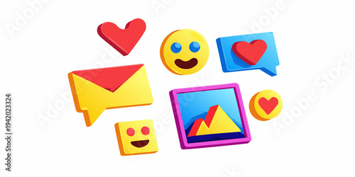 Colorful social media icons including hearts emojis and a phone screen