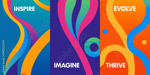Colorful abstract design with inspirational words arranged in a triptych
