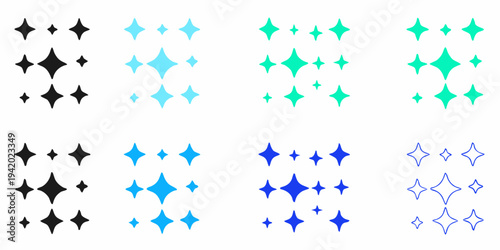 A collection of sparkling star shapes in varying shades and sizes