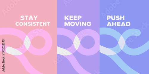 Motivational phrases with abstract wave designs in pastel colors