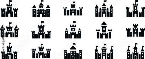 Set of black silhouette castle icons featuring medieval fortress architecture fantasy palace towers and kingdom symbols for games and graphic design.