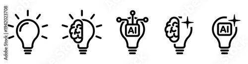 Creative Idea Lamp and AI Innovation Icons, Modern AI Thinking Light Bulb symbol Line Set Vector on White Background