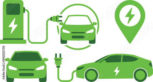 Assorted green electric vehicle charging icons displaying cars, a plug, and a station on white
