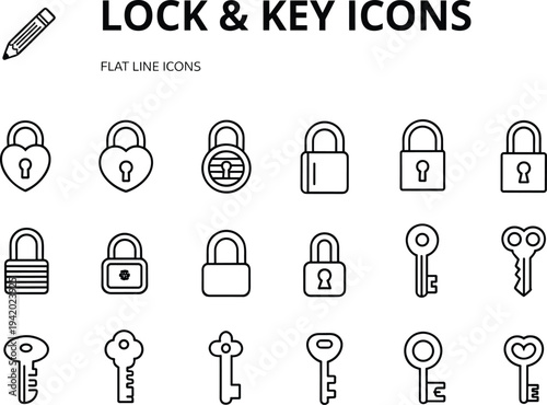 Set of eighteen flat line icons featuring various padlock shapes heart locks and house keys for security safety and privacy designs