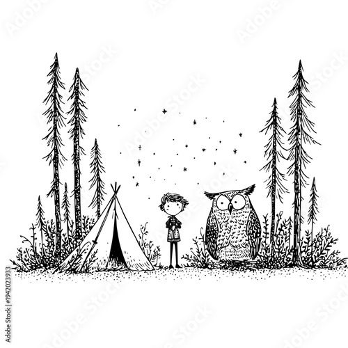 Child and Owl Camping in Forest at Night