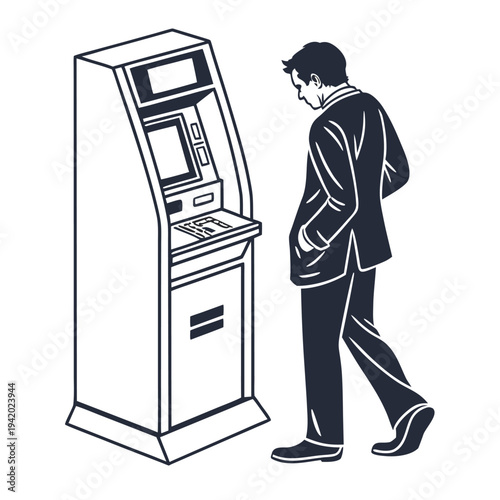 Man Using ATM Machine Illustration, Businessman Withdrawing Cash from Automated Teller Machine, Banking and Finance Concept Silhouette Flat Vector